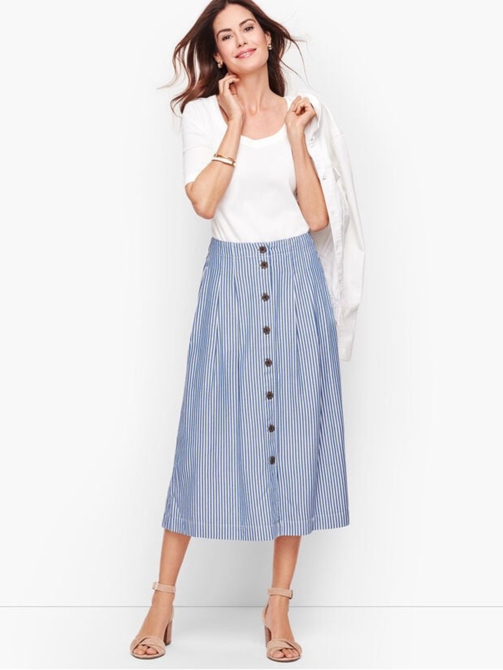Talbots Striped Button Front Pleated Midi Skirt Size 8 Petite *Like new*